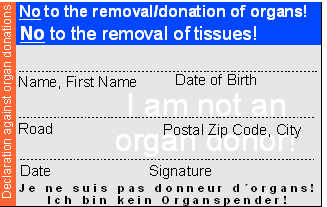 Organspendeausweis - Widerspruch (englisch)