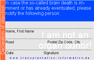 Organspendeausweis - Widerspruch (englisch) Rückseite