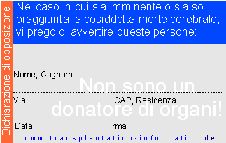 Organspendeausweis - Widerspruch (italienisch) Rückseite