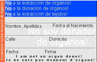 Organspendeausweis - Widerspruch (spanisch)